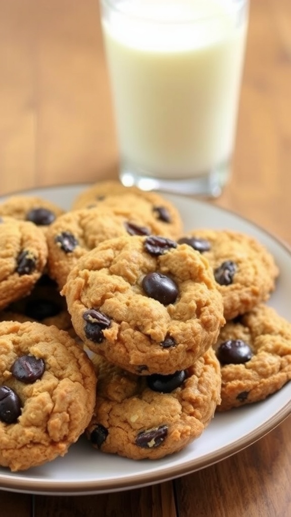 A plate of chewy oatmeal raisin cookies with a glass of milk.